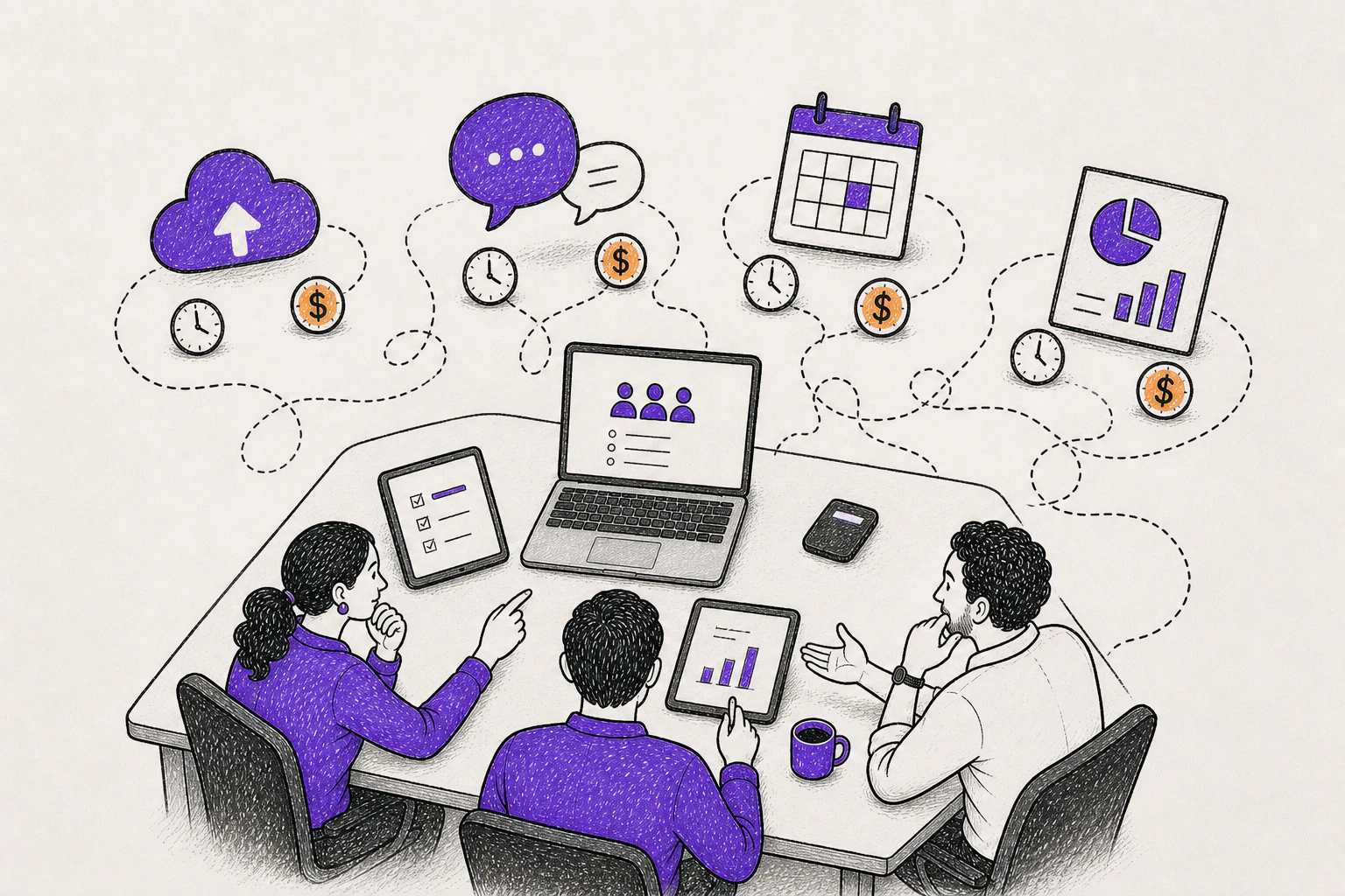 Un equipo revisa cuatro servicios digitales separados, cada uno con su propia renovación y tiempo de administración.